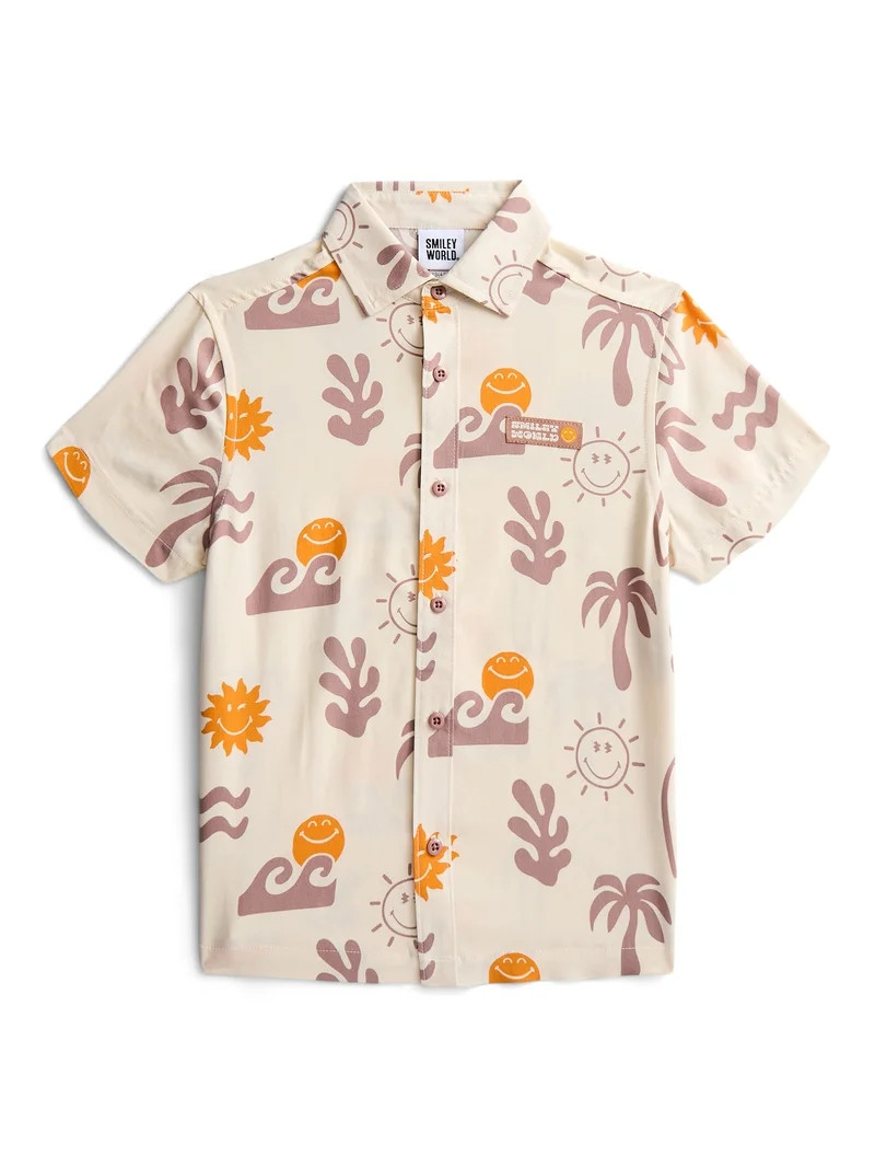 SmileyWorld Boys Graphic Button Up Resort Shirt with Short Sleeves, Sizes 4-18 | Walmart (US)