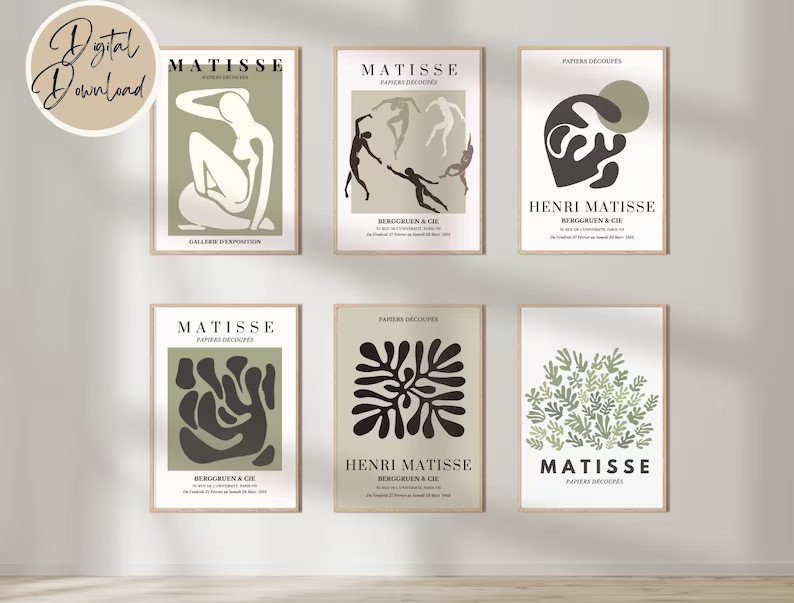 Henri Matisse Print Set of 6 , Sage green Matisse Wall art,  Exhibition Gallery Wall Art Poster, ... | Etsy (US)