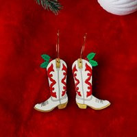 Holly Cowboy Boot Hoop Earrings Hand-Painted Christmas Jewelry | Etsy (US)