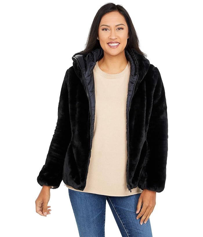 Save the Duck Reversible Faux Fur Hooded Short Jacket (Black) Women's Clothing | Zappos