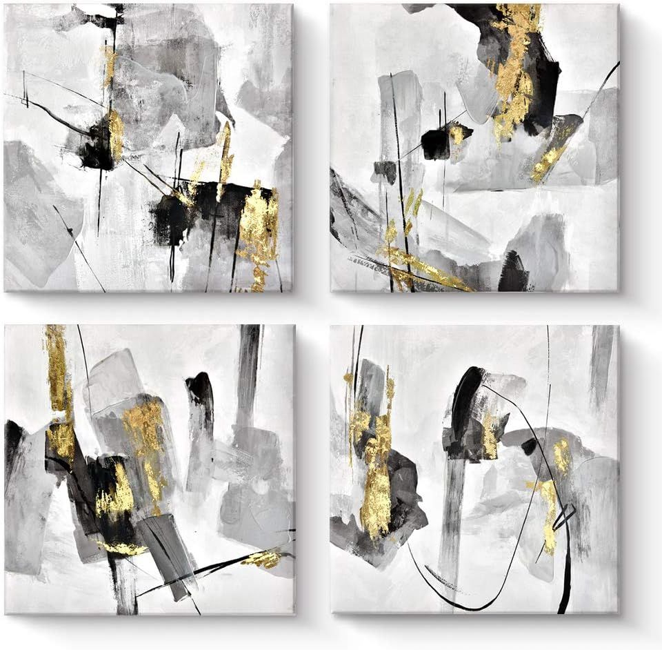 Pigort Abstract Wall Art, Set of 4 - Black White Gray Canvas Paintings, Gold Foil Embellished Mod... | Amazon (US)