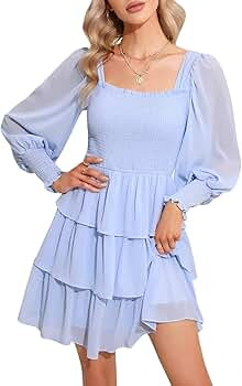 Byinns Women's Square Neck Ruffle Dress Long Sleeve Floral Print Tiered Tie Back Layered Swing Mi... | Amazon (US)