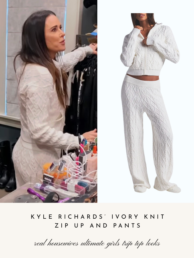 Kyle Richards' Ivory Knit Zip Up and Pants on Real Housewives Ultimate Girls Trip Roaring 20s 

 