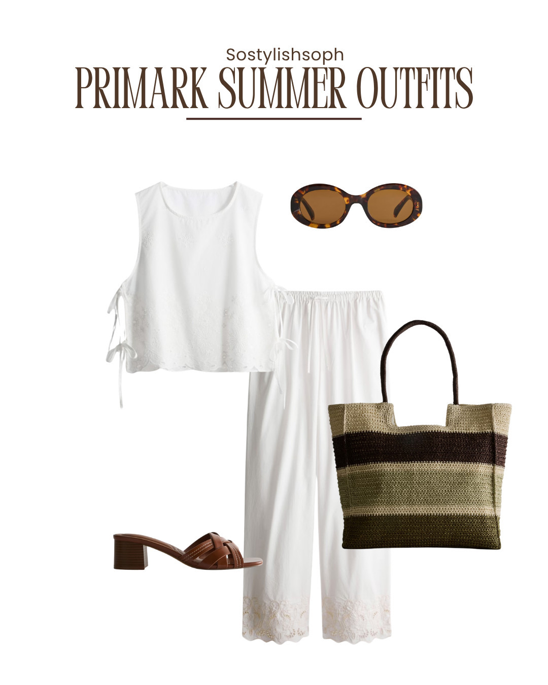 primark summer outfits, white co ord set, white summer outfit, white embroidered top, sleeveless blouse, wide leg trousers, summer two piece set, neutral outfit inspiration, chic holiday outfit, resort wear look, effortless summer style, woven tote bag, striped crochet bag, tortoiseshell sunglasses, brown heeled sandals, block heel mules, minimalist fashion post, casual chic outfit  

 #LTKspring #LTKsummer #LTKtravel