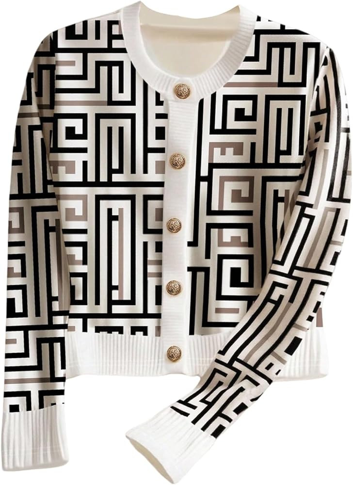 Verdusa Women's Graphic Button Down Cardigan Long Sleeve Crew Neck Lightweight Knit Sweaters | Amazon (US)