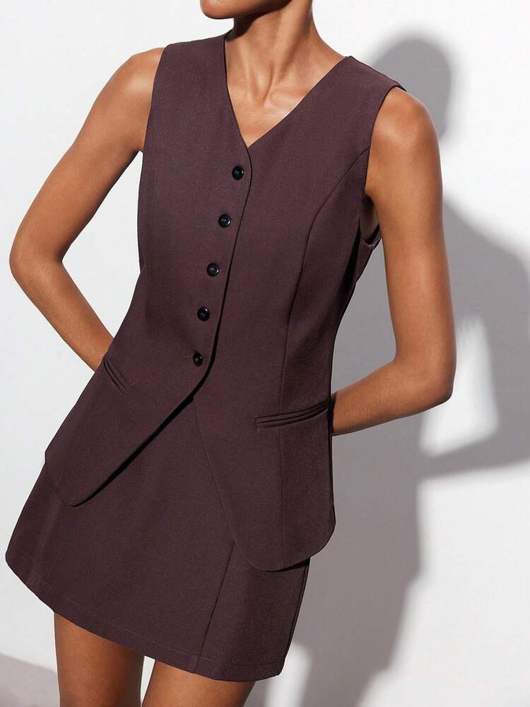 Maija 2 Peças Regata Solta De Decote Em V Em Malha De Camurça Elástica Para Mulheres, Adequada Para A Temporada De Volta Às Aulas No Início Do Outono | SHEIN