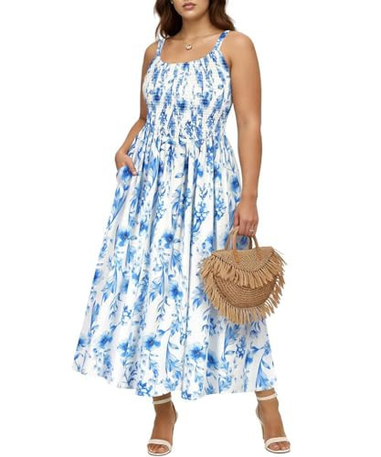 RITERA Women Plus Size Dresses 2X Sexy Summer Maxi Dress Spaghetti Strap Square Neck Sundress Sleeveless Party Dress White Blue Floral Boho Dress Wedding Guest Dress with Pockets 2XL 18W 20W | Amazon (US)