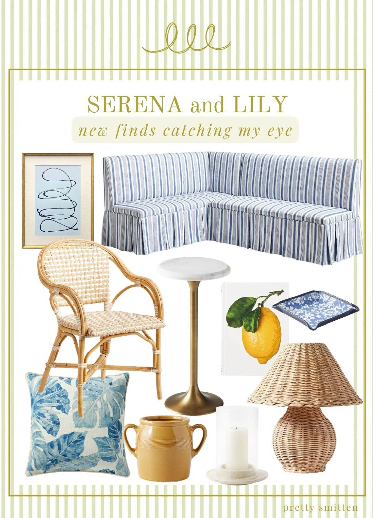 Serena and Lily summer sale - new finds - coastal decor - upholstered banquet - Kaycee Hughes art - marble side table - rattan lamp - beach house decor - family room - dining roomm

#LTKSummerSales #LTKHome