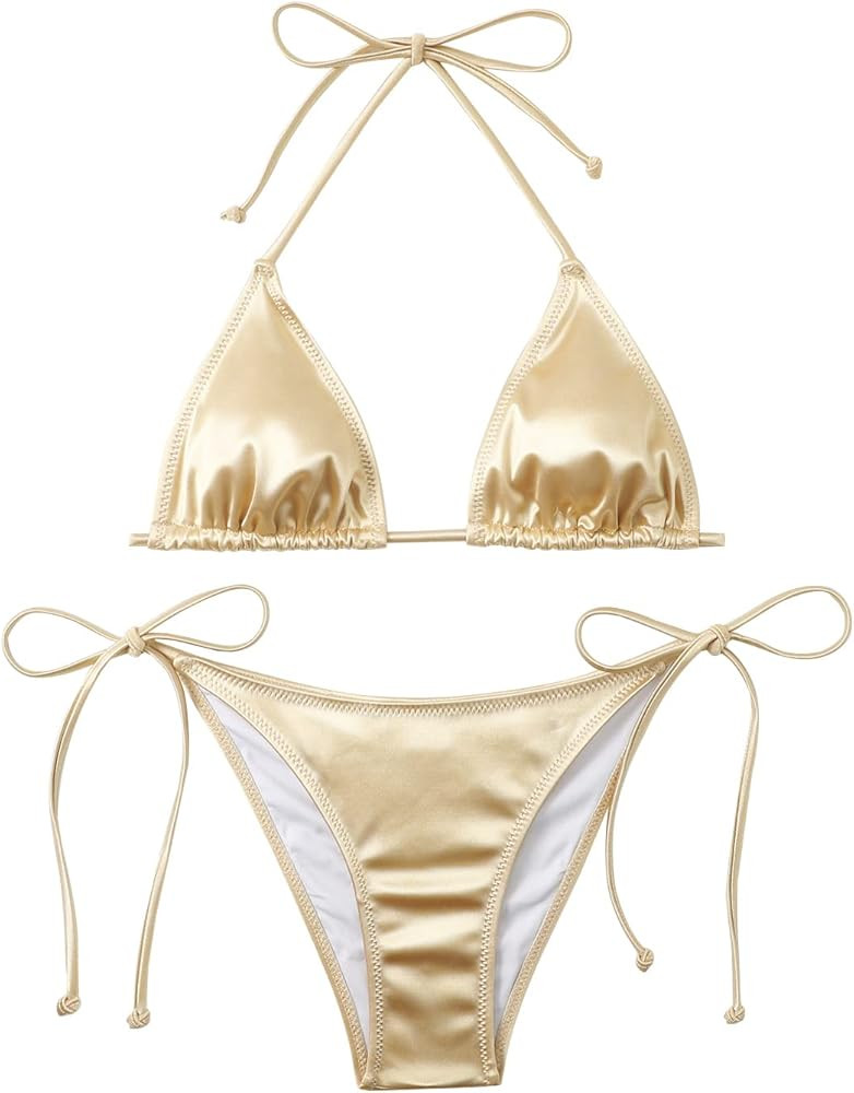 Women's Liquid Metallic Rainbow Bikini Sets Shiny String Padded Triangle 2 Pieces Swimsuit Set | Amazon (US)