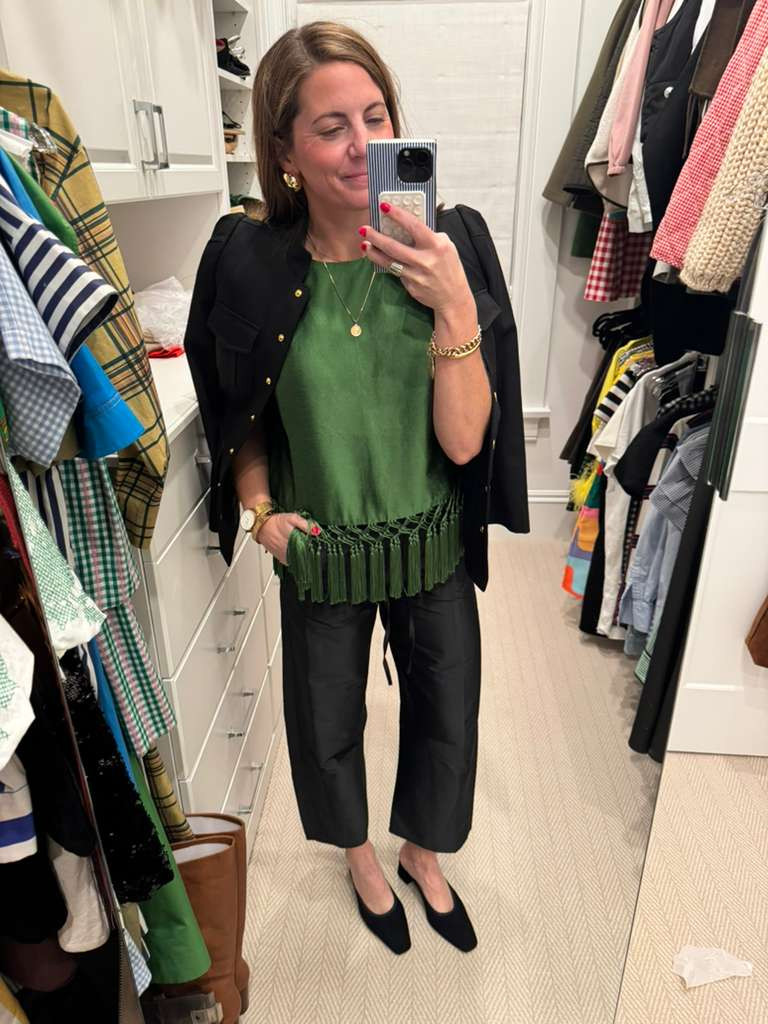 Loving this chic green top with fringe detail paired with sleek black trousers for the perfect balance of edgy and elegant! Ready to rock any day or night out! 💚✨👠

#GreenStyle #FringeFashion #OutfitInspo #ChicAndSleek #BlackTrousers #CasualElegance #StreetStyle #FashionFinds #StyleGoals #OOTD 

 #LTKootd #LTKSeasonal