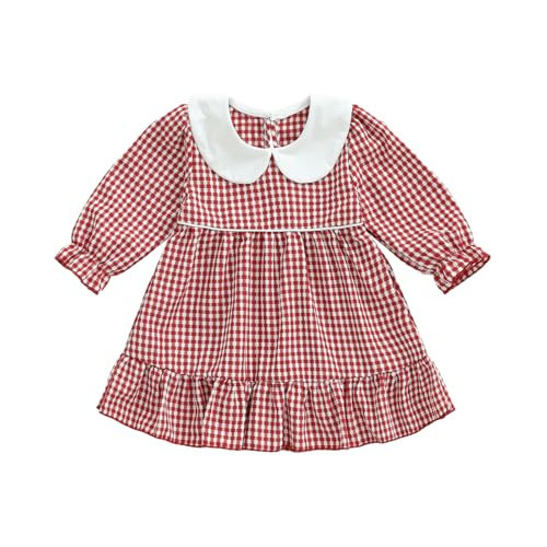 Toddler Baby Girl Plaid Dress Puff Long Sleeve Gingham A Line Dresses Casual Girls Princess Christmas Dress (Red, 12-18 Months) | Amazon (US)
