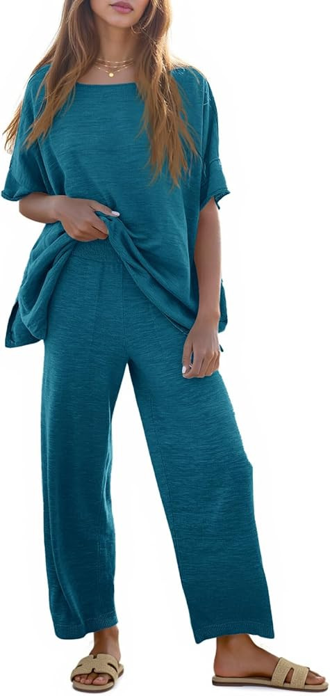 Tankaneo Women's 2 Piece Travel Outfits Casual Short Sleeve Knit Sweater Set Wide Leg Pants Loung... | Amazon (US)