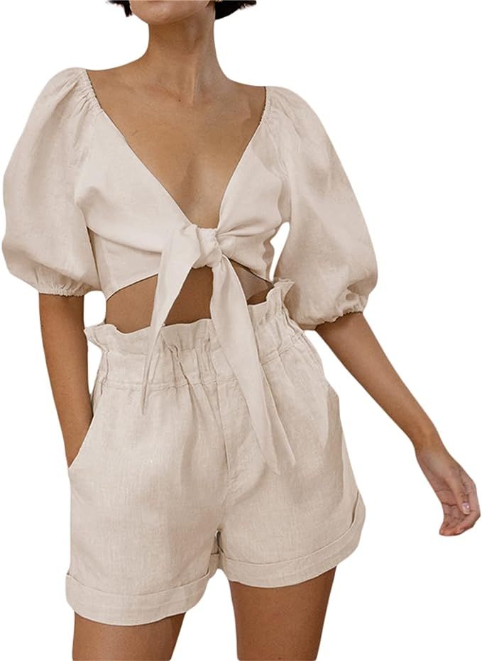Women Summer 2 Piece Outfit Jumpsuit Half Sleeve Knot Front Crop Top with Shorts Sets Romper | Amazon (US)
