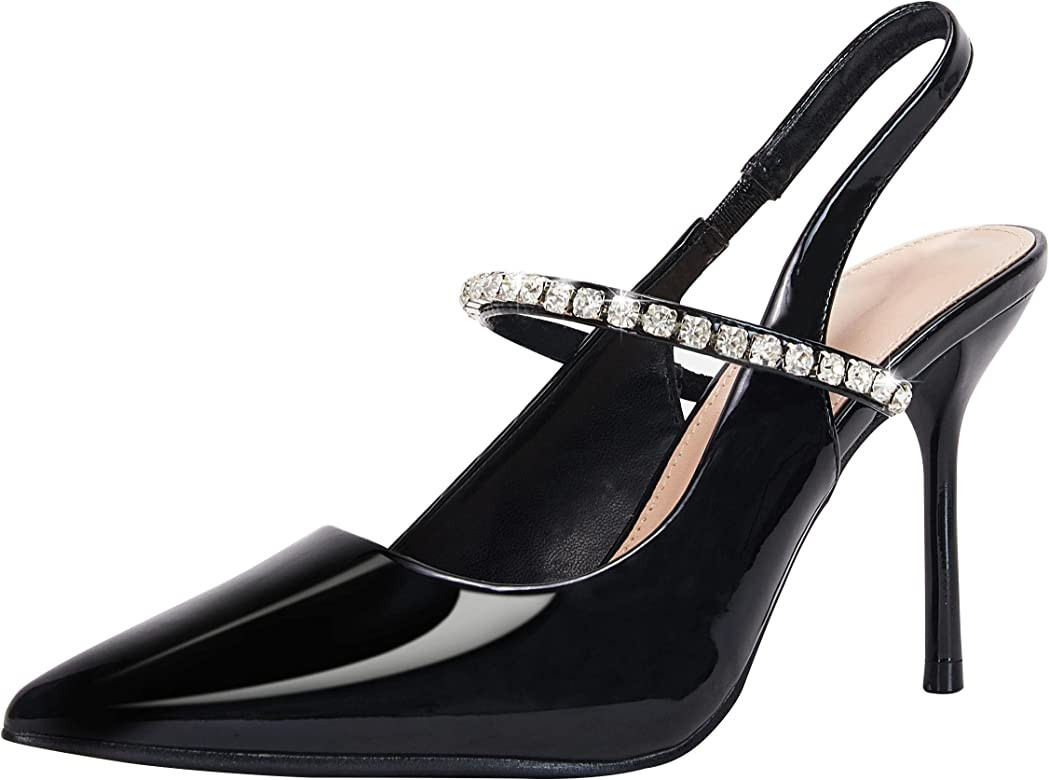 Coutgo Womens Closed Pointed Toe Pumps Rhinestone Stiletto Heel Slingback Studded Strap Slip On W... | Amazon (US)