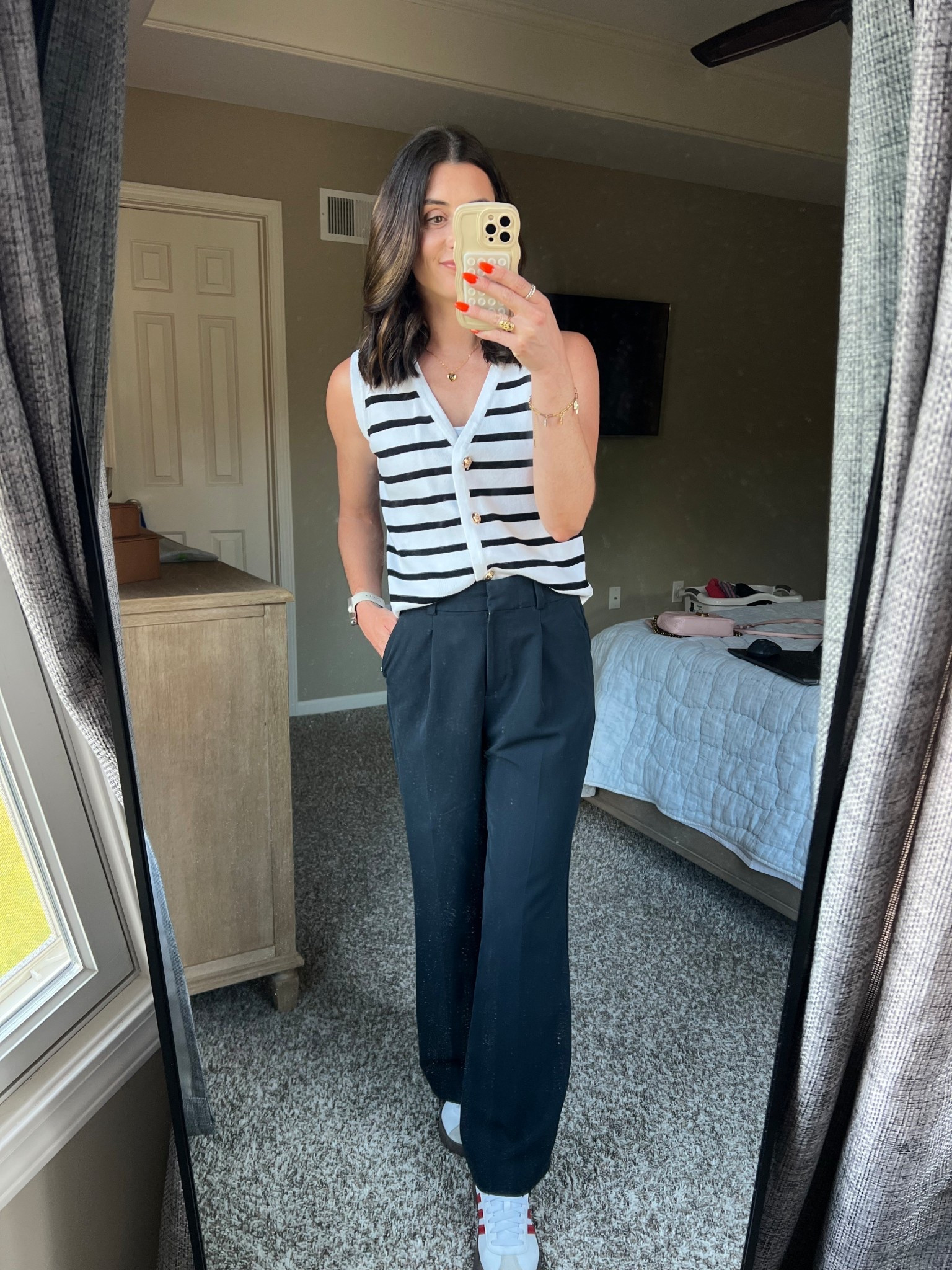 Work outfit; striped tank; work pants; work sneakers;
