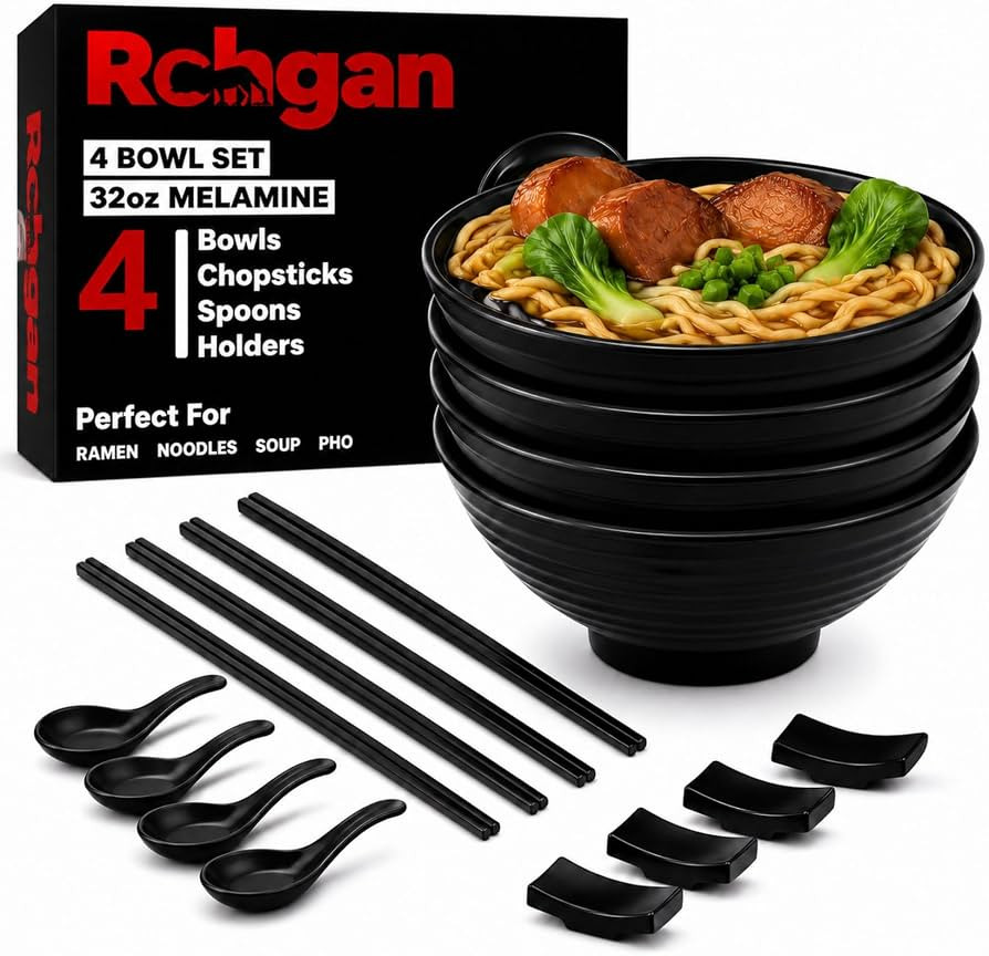 32oz Ramen Bowl Set of 4-20-Piece Black Melamine Japanese Noodle Bowls with Chopsticks, Spoons & ... | Amazon (US)