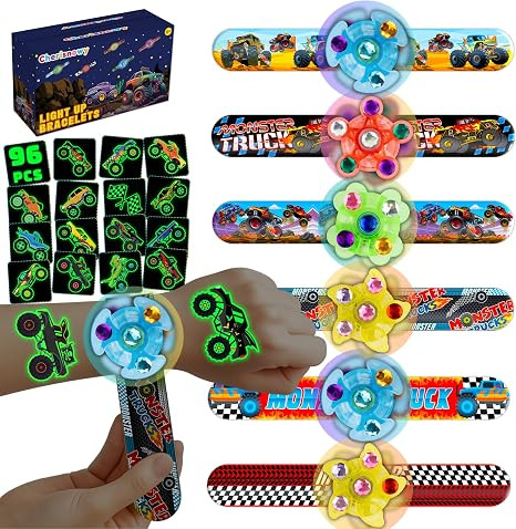 144PCS Monster Truck Party Favors for Kids, 96 Glow Tattoos Pre-cut + 24 Slap Bracelets + 24 Ligh... | Amazon (US)