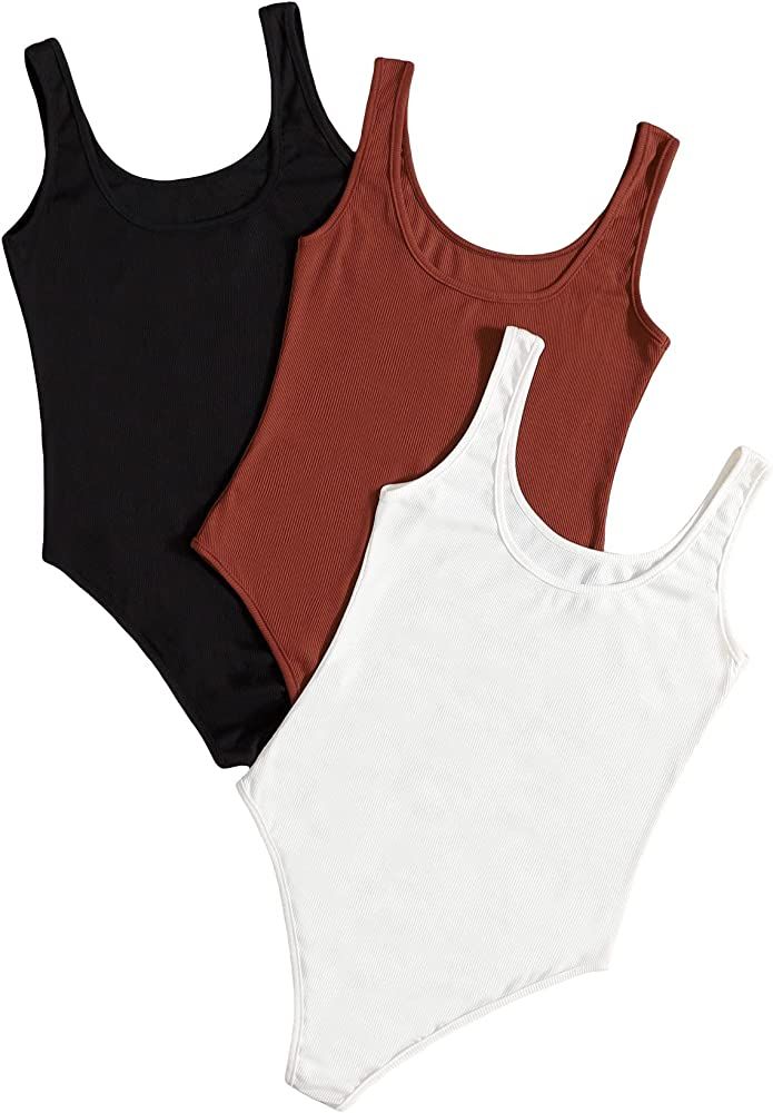 SheIn Women's Casual 3pc Sleeveless Bodysuit Pack Solid CrewNeck Skinny 4pc Bodysuits Tank Top | Amazon (US)