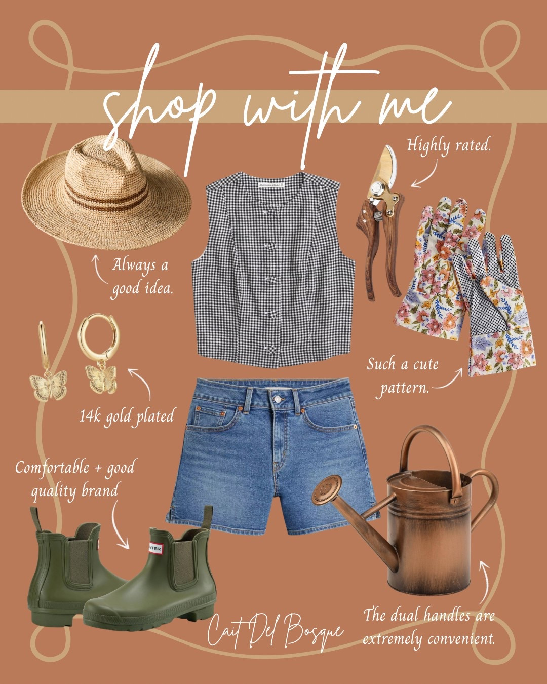 When it’s time to get your hands dirty in the garden! Think durable denim shorts, Hunter rain boots, garden gloves, + the prettiest tools to make planting extra fun. 

spring inspo, gardening outfit, gardening essentials, outdoor, Hunter boots, garden style, cottagecore spring, terrain, Anthropologie, Abercrombie, Amazon, spring fashion, beauty, summer fashion, flowers, florals, garden, gardening, sun hat, gloves, shorts, Levi’s, denim, denim shorts, boots, spring 2025, mom outfit, casual outfit, jewelry, gingham, vest, shorts, butterfly earrings, gold earrings

#LTKStyleTip #LTKFindsUnder50 #LTKSeasonal #LTKHome