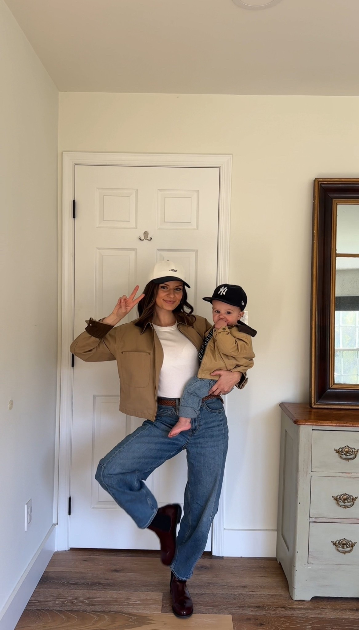 my jacket is in the color beige! 

also, got his hat at a Yankees game but linked a similar looking one from Amazon! 