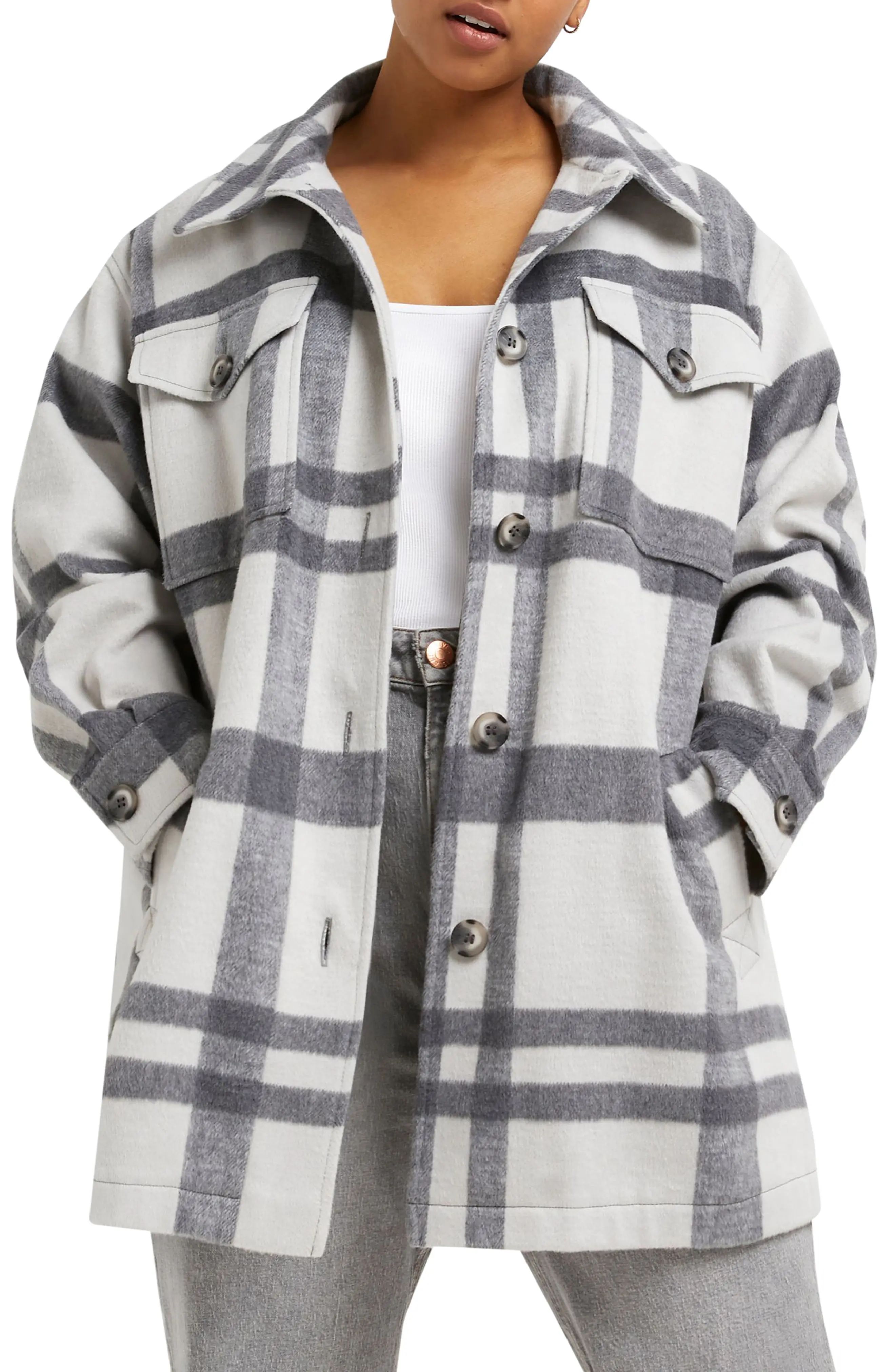 River Island Check Belted Shirt Jacket in Light Grey at Nordstrom, Size 16 Us | Nordstrom