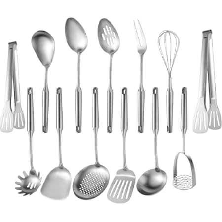 304 Stainless Steel Kitchen Utensils Set, 11 PCS Metal Cooking Utensils Set with Spatula, Spoon, Ladle, Skimmer, Turner, Pasta Server, Tongs | Amazon (US)