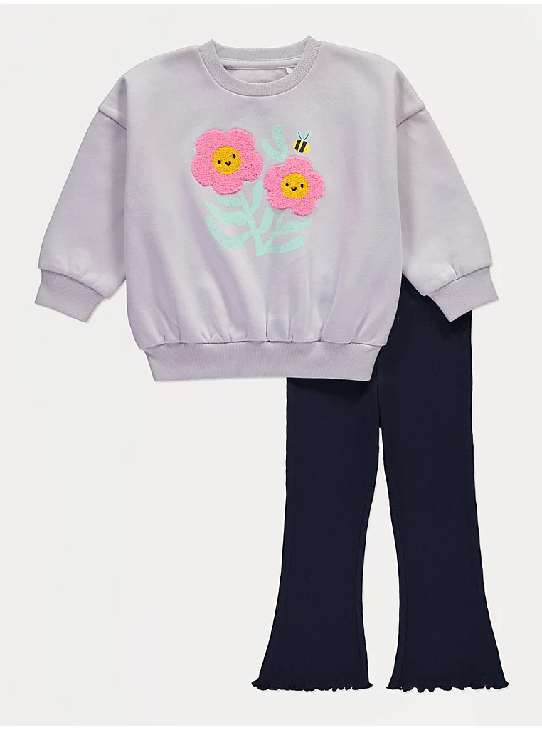 Lilac Flower Sweatshirt and Flared Leggings Outfit | George