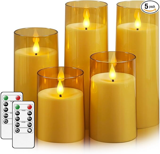 Fo32won Amber LED Flameless Pillar Candles Battery Operated with Remote Timer, 5 Pack 3D Flickeri... | Amazon (US)