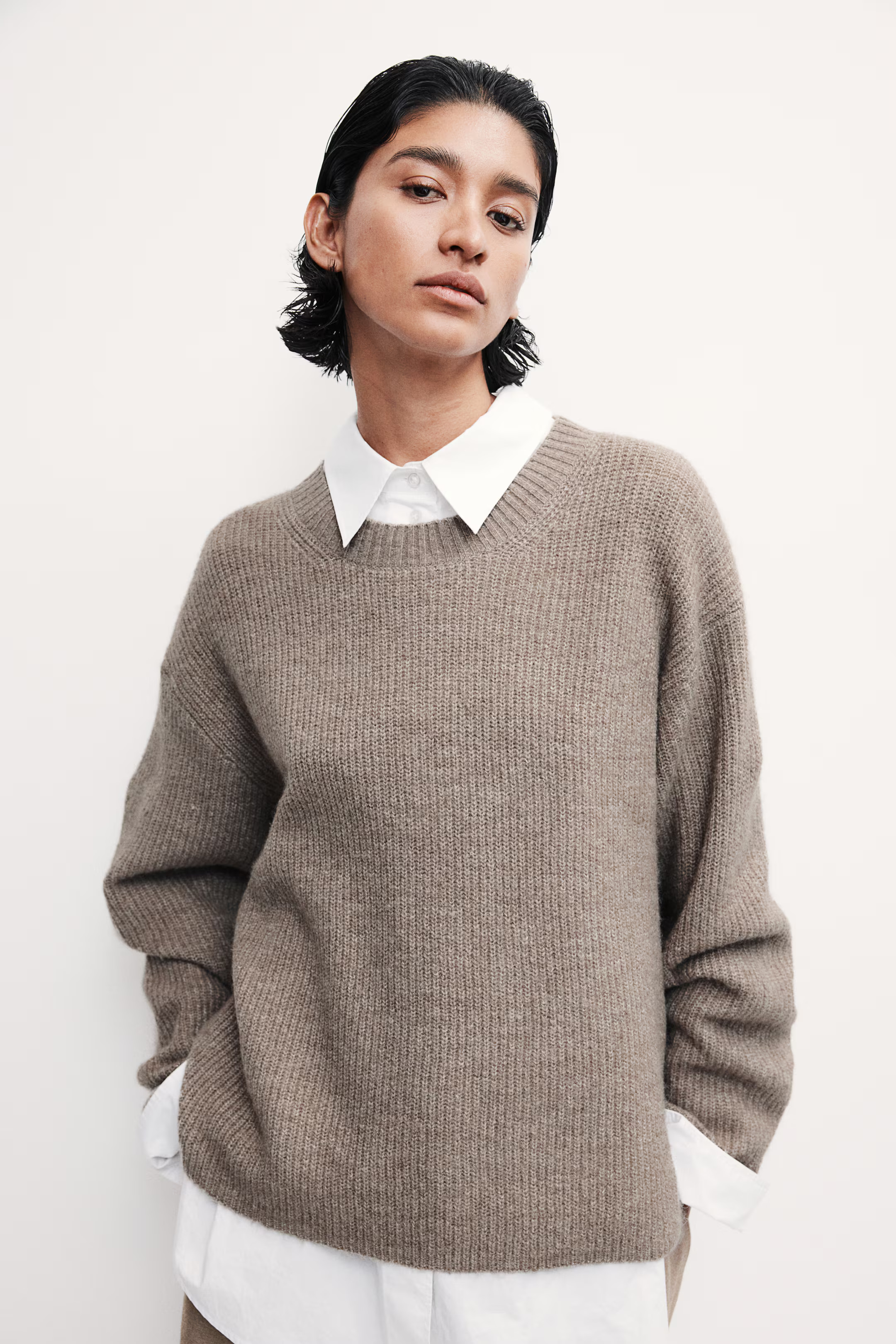 Rib-knit Sweater - Round Neck - Long sleeve - Beige melange - Ladies | H&M US | H&M (US + CA)