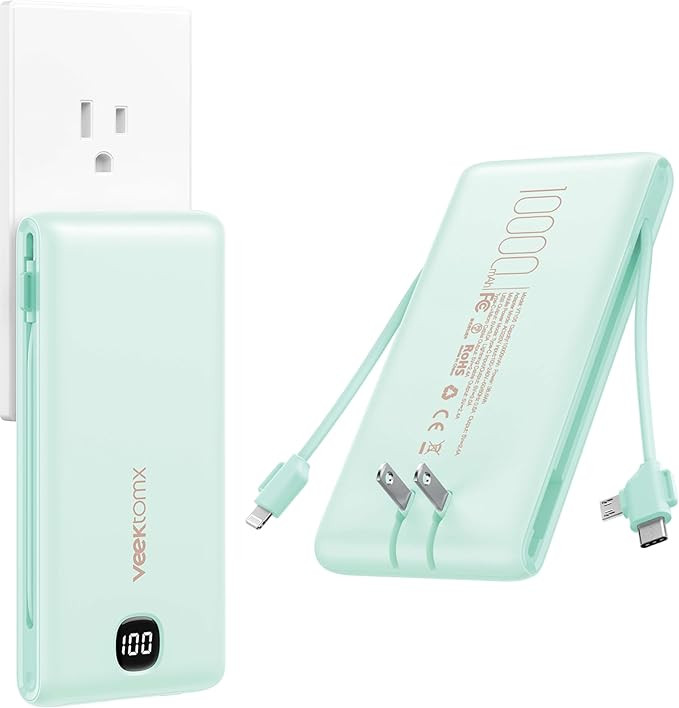 VEEKTOMX Portable Charger with Built in Cables 10000mAh, Power Bank for iPhone with Wall Plug, Tr... | Amazon (US)
