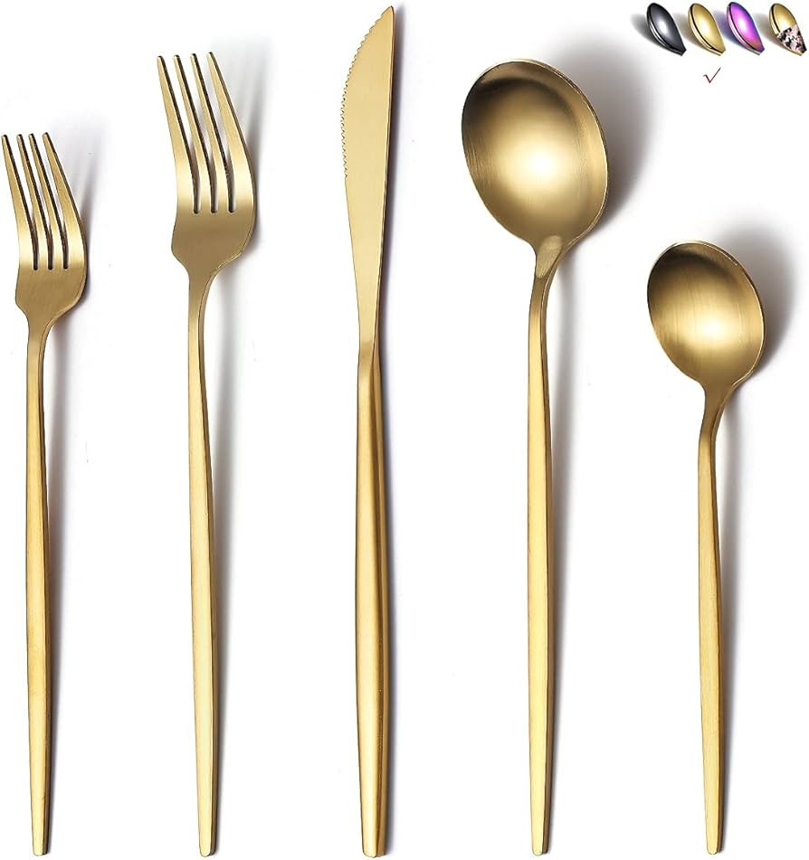 Matte Gold Silverware Set 20 Pieces, Stainless Steel Golden Flatware Set, Titanium Plating Cutler... | Amazon (US)