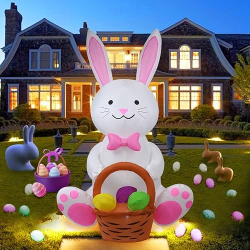 5FT Rabbit Holding a Flower Basket Easter Inflatable Yard Decorations, Blow up Easter Bunny with ... | Amazon (US)