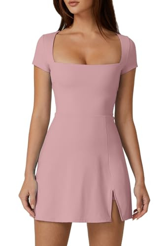 QINSEN Short Sleeve Athletic Dress for Women High Waist Side Slit Tennis Dress Built in Shorts Golf Active Dresses Pink L | Amazon (US)