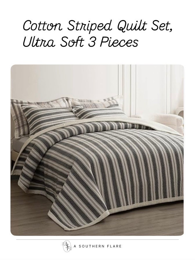 Cotton Striped Quilt Set, Ultra Soft 3 Pieces Queen Size Bedding with 2 Pillow Shams, Lightweight Reversible Coverlet