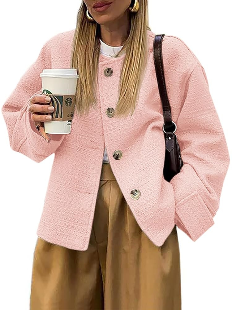 Tweed Jackets for Women Fall Long Sleeve Business Button Down Casual Cropped Blazer with Pockets | Amazon (US)