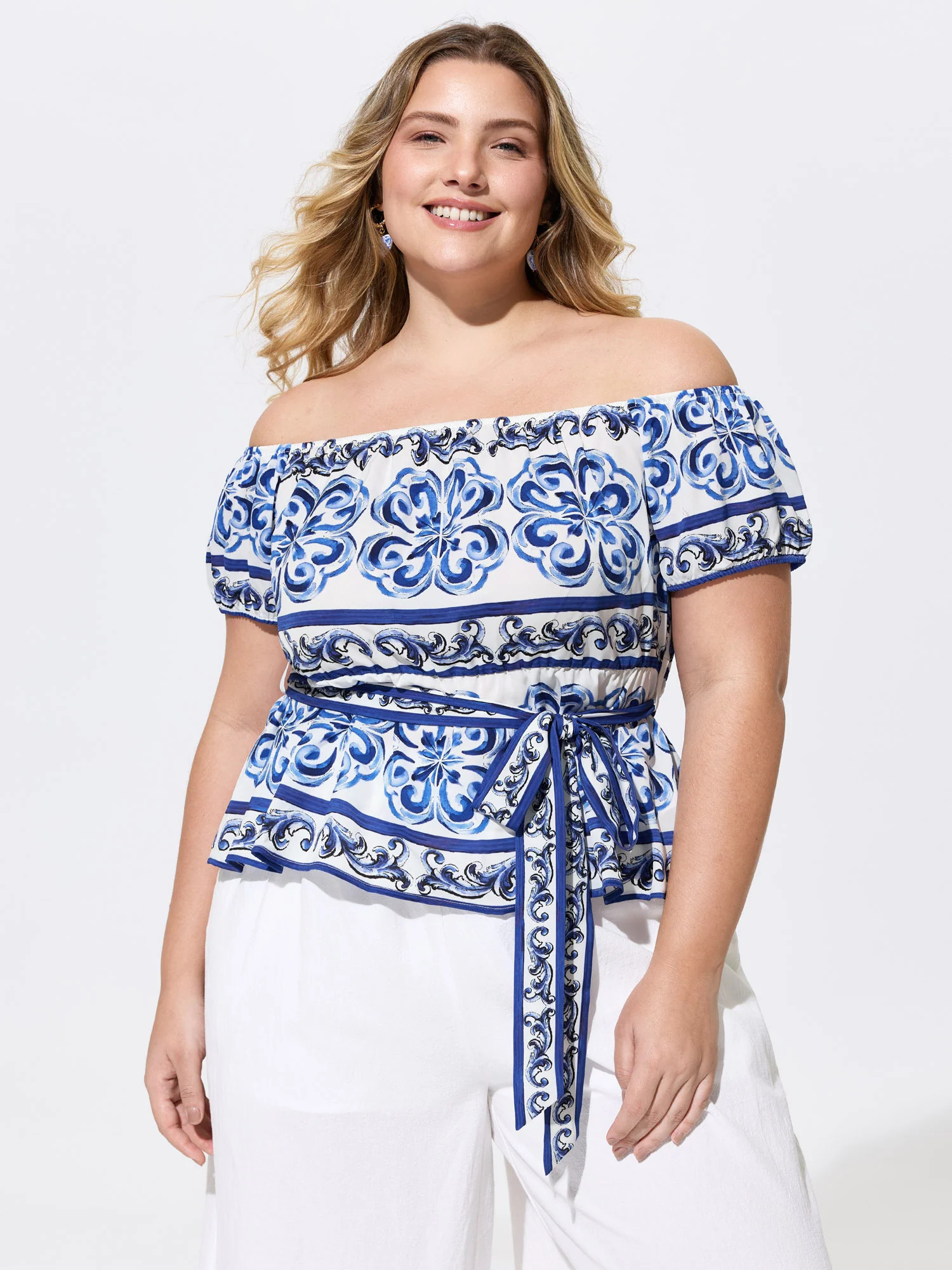 Majolica Print Stretchy Waist Belted Blouse | Bloomchic