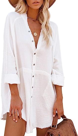 iGENJUN Women's Long Sleeve Button Down Tunic Dresses with Pockets | Amazon (US)