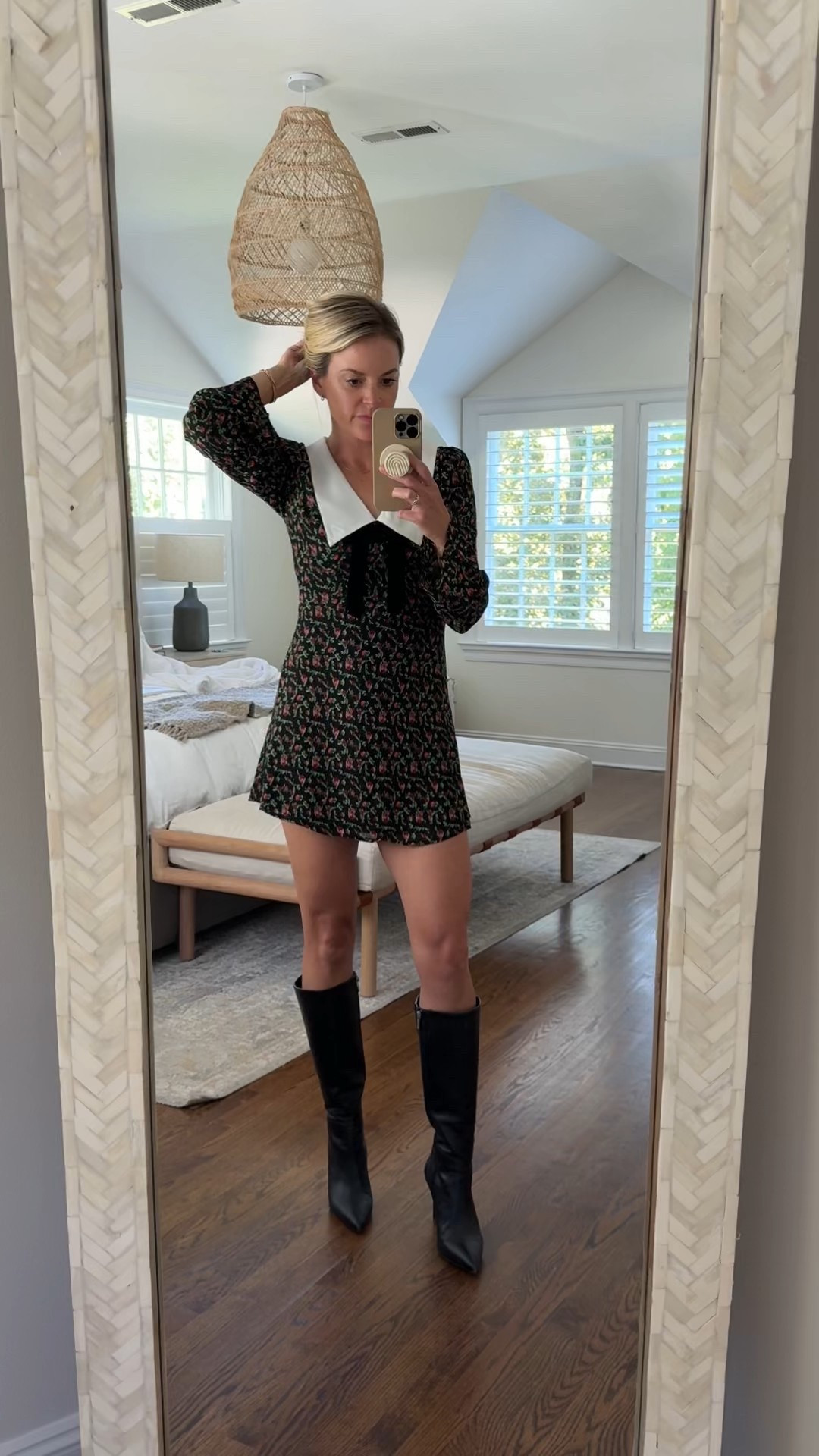 Fall floral mini dress with collar and velvet bow. I’m 5’5 wearing a 4 (usually a 2/small in most brands). // exact boots are old Vince Camuto Tressara, but linked similar 

fall dress, fall outfit, fall boots, date night 

#LTKStyleTip #LTKSeasonal