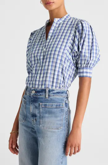 Plaid Puff Sleeve Band Collar Shirt | Nordstrom