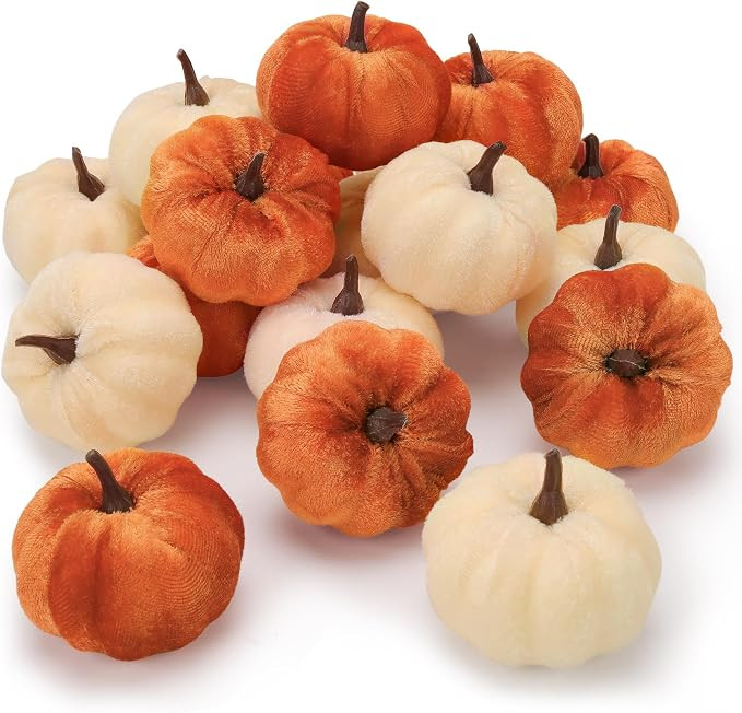 Folmywy 16 Pcs Faux Velvet Pumpkins Small Artificial Fall Harvest Pumpkin Decoration Fake Foam Fa... | Amazon (US)