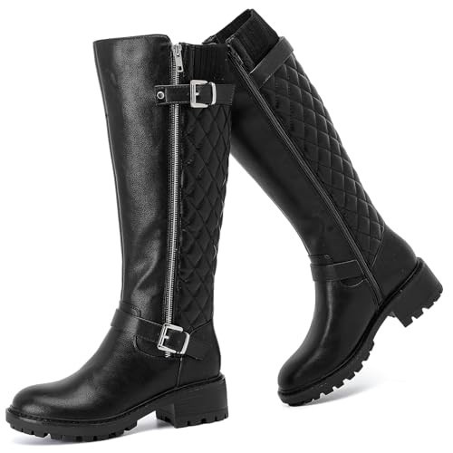 Ruiee Women's Knee High Boots Wide Calf Knee-High Riding Flat Boot Stitching Low Heeled Long Tall Winter Fall Fashion Dressy Boots for Women. 241267 Black PU Size10 | Amazon (US)
