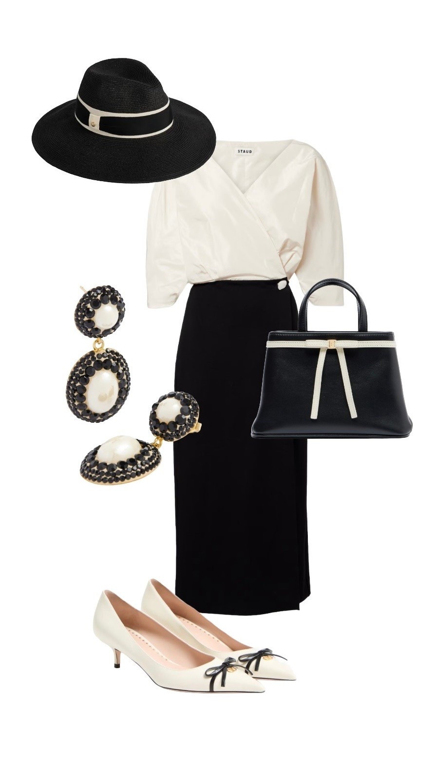 This outfit recalls Old Hollywood Glamour with the Fedora, Wrap Dress & Bow-detailed Bag & Shoes. And monochrome is a guaranteed head-turner no matter the weather or season 🖤

Ivory Black Wrap Midi Dress - Staud ON SALE at MyTheresa 

Mini Black Bow Handbag - Ferragamo ON SALE also at MyTheresa

Black Straw Fedora Hat - Failsworth at The House of Bruar 

Lace Ivory Black Statement Drop Earrings - SORU Jewellery (also with matching ring)

Bepointy Ivory Kitten Heels - ON SALE at Valentino (also available in heels - & both styles come in black)

#LTKuk #LTKsummer #LTKbag #LTKshoes #LTKwedding

#LTKdresses #LTKluxury #LTKeurope