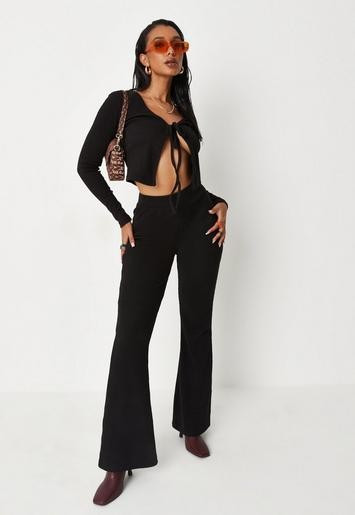 Black Rib Tie Front Cardigan and Flares Pants Co Ord Set | Missguided (US & CA)