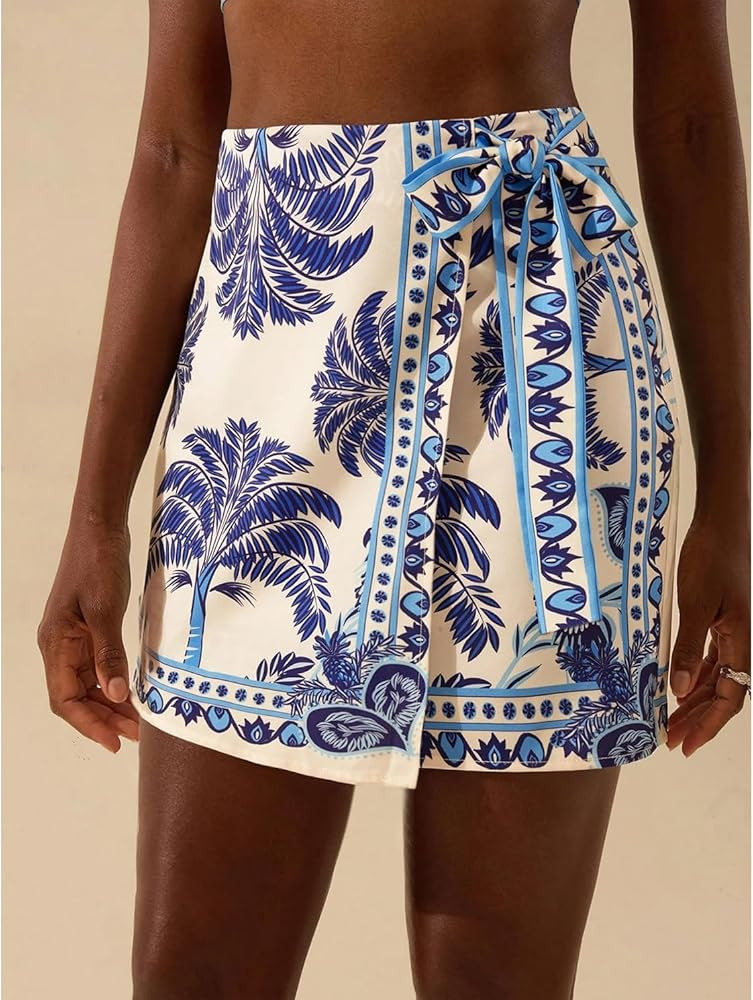 Womens Summer Floral Wrap Short Skirt Tie Side High Waist A Line Beach Vacation Boho Mini Skirt | Amazon (US)
