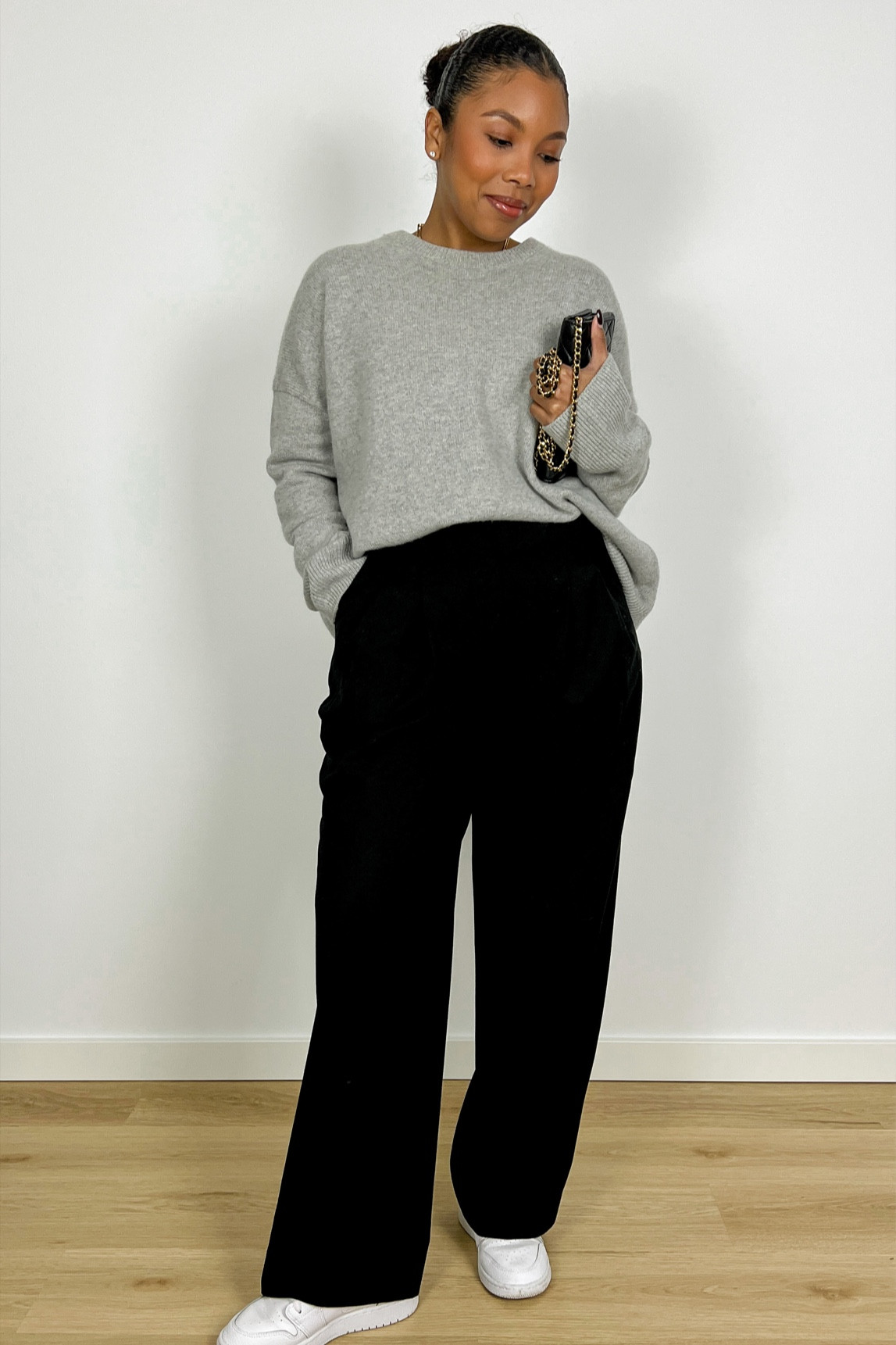 Casual outfit 2023 trend. Black trousers, grey sweater, black Chanel bag, nike air force white

#LTKeurope #LTKcurves #LTKshoecrush