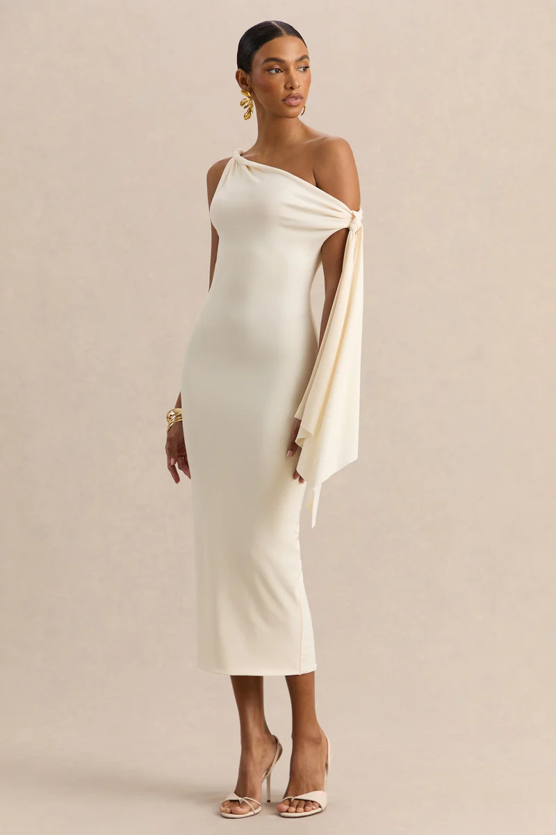 Arcelia  Cream Asymmetric-Neck Midi Dress With Knot-Sleeve Detail | Club L London