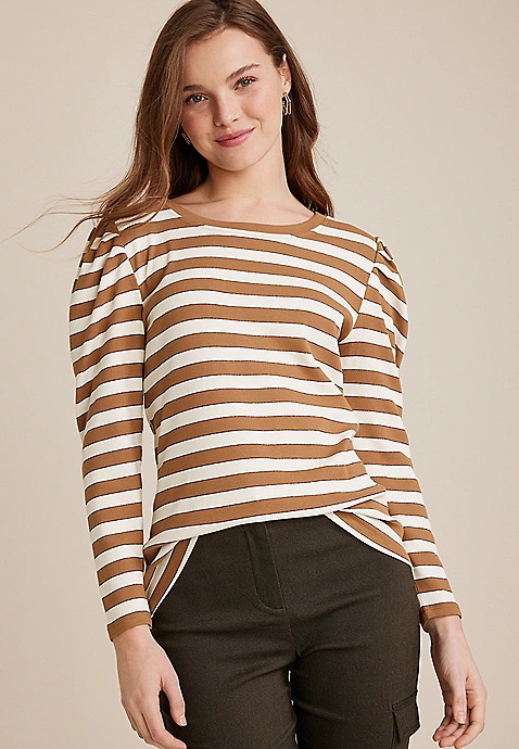 Striped Pleated Puff Long Sleeve Tee | Maurices