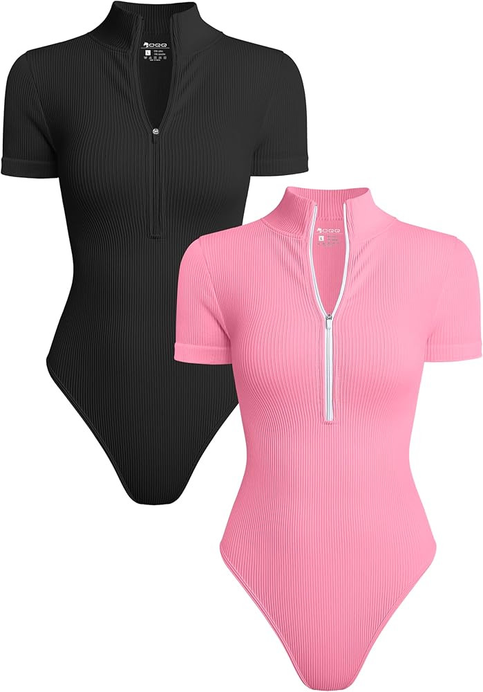 OQQ Women's 2 Piece Bodysuits Sexy Ribbed One Piece Short Sleeve Zip Front Bodysuits | Amazon (US)