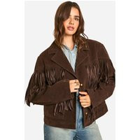 Womens Vintage Suede Look Fringe Detail Jacket - Brown - 10 | boohoo (US & Canada)