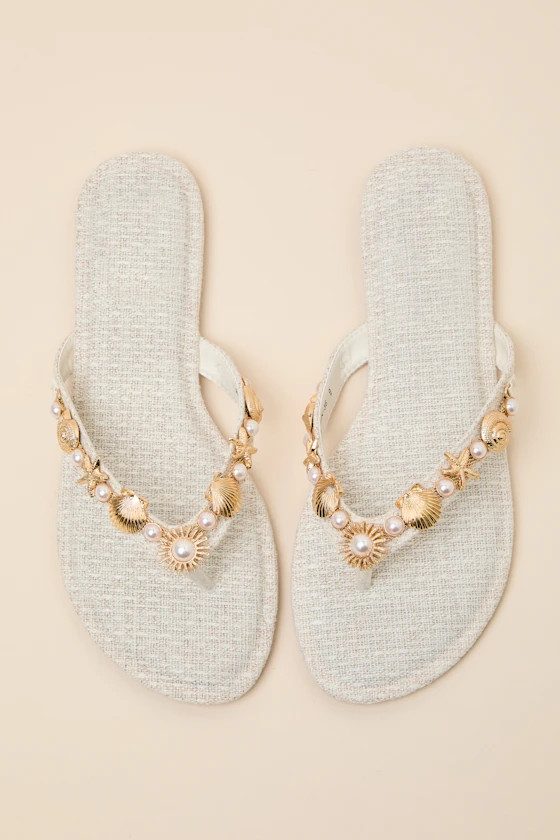 Danie Beige Seashell Pearl Thong Sandals | Lulus